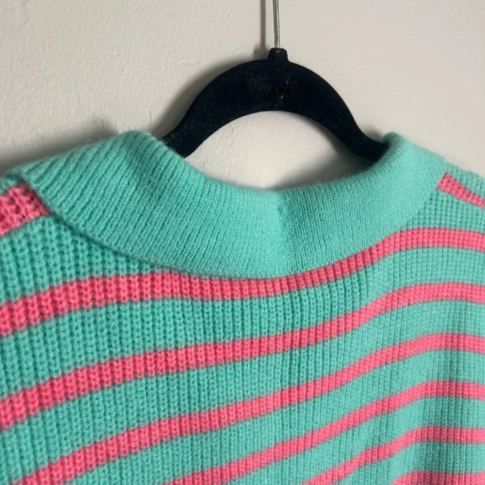BiBi Women's V-Neck Striped Sweater - Teal and Pink - Picture 9 of 11